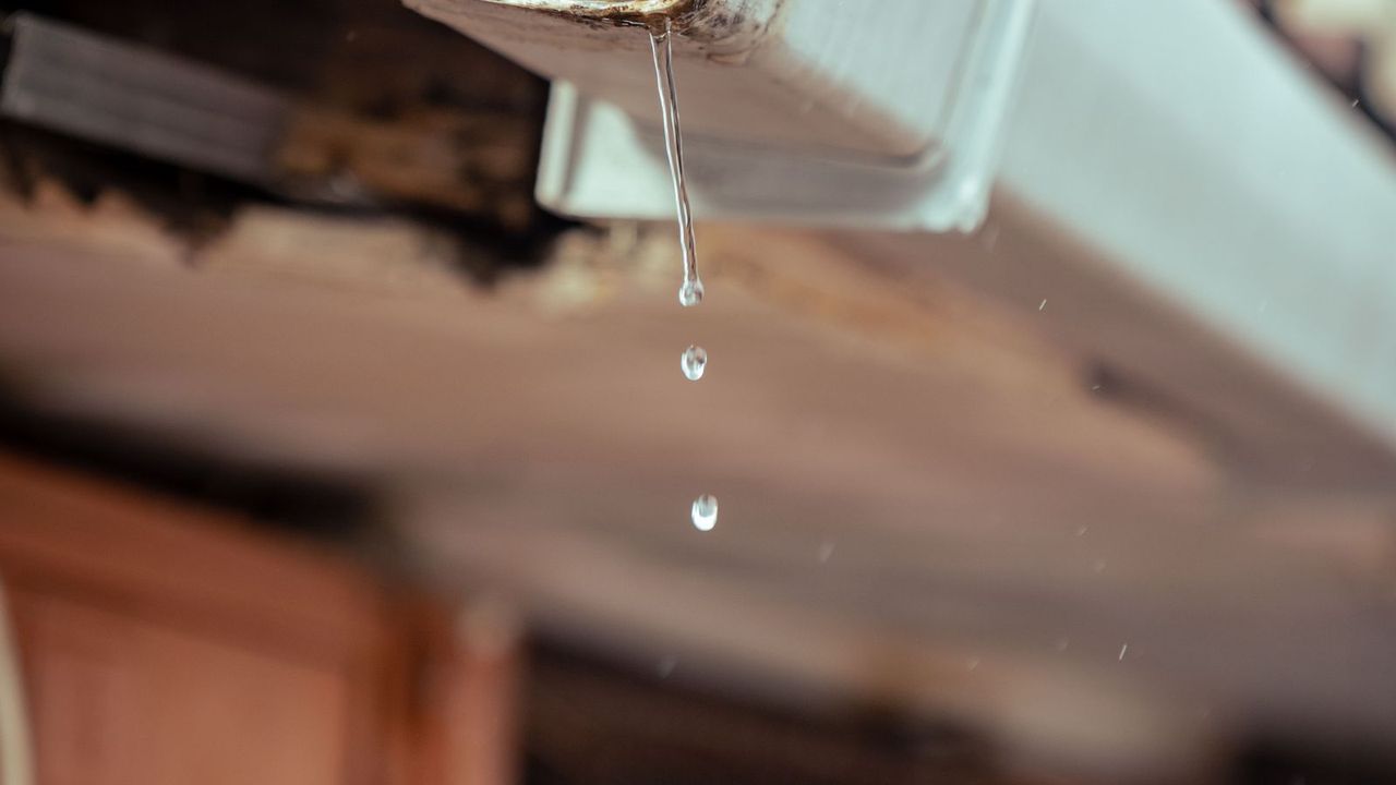 Gouttière saturée débordant sous une forte pluie le long d'une rive de toit